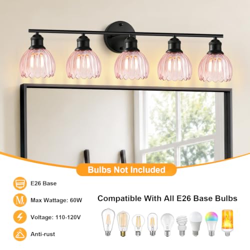 Image of Bathroom Light Fixtures, 5-Light Brushed Black Vanity Lights for Bathroom with Pink Tulip Glass Shade, 30 inch Vintage Bathroom Vanity Lighting Fixtures Over Mirror for Bedroom Living Room Hallway