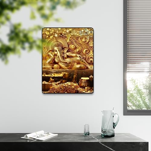 Image of SAF Golden Ganesh Wall Art Black Frame Sparkle Lamination | Wealth Money Coins Treasure Vastu Decorative Painting for Home Temple Pooja Room Positive Energy Decor (14 Inch x 11 Inch) K-36111