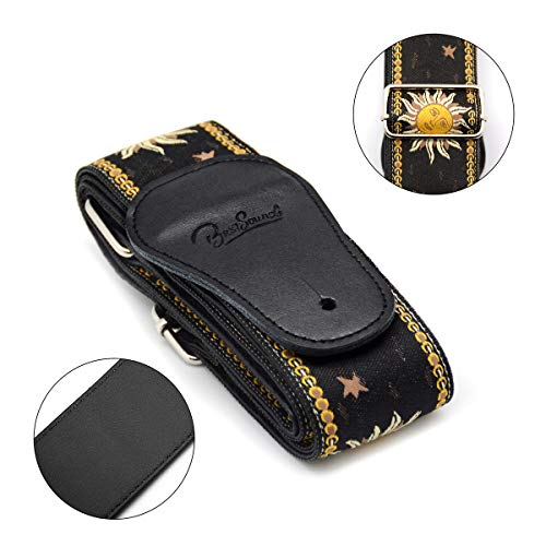 Bestsounds C-150 Leather Adjustable Guitar Strap, Sun Jacquard Weave For Bass Electric And Acoustic Guitars, Black #TOP1
