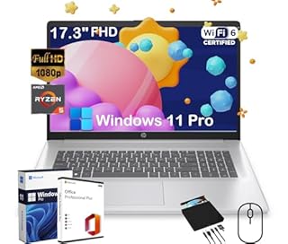 HP 17.3" FHD Laptop for Business and Students - with External CD/DVD Drive & Office Lifetime License, AMD Ryzen 5 7430U (6-core), 250 Nits IPS Display, Webcam, Wifi6, Win 11 Pro (16GB RAM | 512GB SSD)