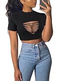 Remidoo Women's Sexy Distressed Ripped Crop Top Short Sleeve Cropped T Shirt Summer Cutout Tops Black Small