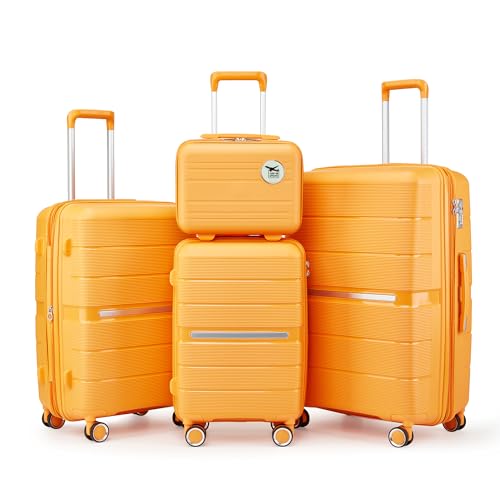 4-Piece Expandable Lightweight Luggage Set (14/20/24/28) with 4x Double 360° Silent Spinner Wheels, PP Hardshell Durable Suitcase & TSA Lock- Travel Essential (Orange)