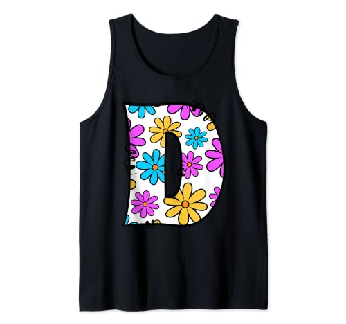 Letra D retro Groovy Daisy inicial con monograma con nombre floral Y2K Camiseta sin Mangas