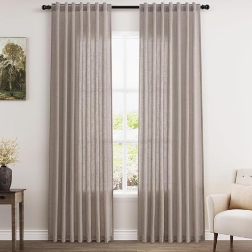 Image of Nanspring Brownish Grey Linen Curtains for Living Room 86 Inches Long Back Tab Light Filtering Semi Sheer Curtain Modern Farmhouse Decor for Bedroom Office Luxury Textured Drapes 52x86, 2 Panels