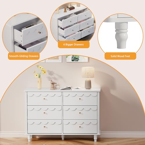Image of Anbuy Nursery Chests and Dresser for Kids Bedroom Wood Scalloped 6 Drawer Dresser, Dressers & Chests of Drawers with Metal Handles for Bedroom, Nursery, Hallway(White)