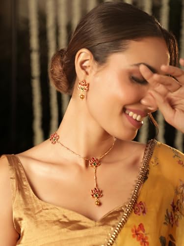 Image of Rubans Necklace Set Gold Plated Traditional Stylish Floral Theme Jewellery Gift for Women & Girls