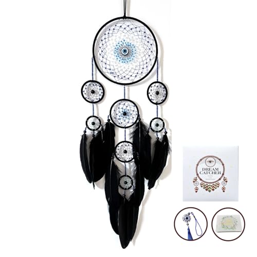 Handmade Evil Eye Dream Catcher for Home Decor, Jiyamony Black Dream Catchers for Adults Bedroom Wall Hanging Decoration with a Evil Eye Car Charm Gift