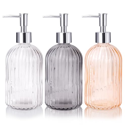RETON 3 Piezas Dispensador de Jabón de Vidrio, 14 onzas Dispensador Jabón de Vidrio Transparente, Dispensadores de Jabon con Bomba de Acero Inoxidable 304 de Jabón de Baño Cocina（3 colores）