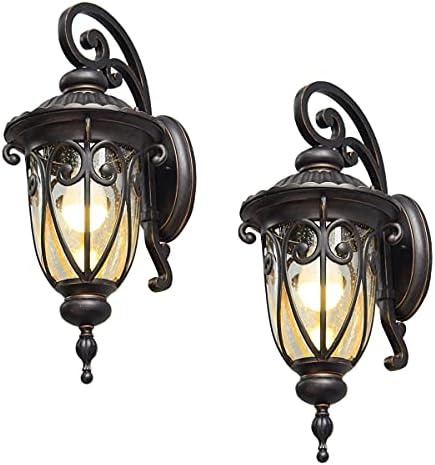 GOALPLUS Outdoor Porch Light with Wall Mount, 18" High Antique Bronze Wall Lantern One-Light E26 Exterior Waterproof Wall Sconce with Clear Seeded Glass Shade, 2 Pack, LM0519-DN-S-2P