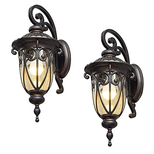 Goalplus Outdoor Porch Light with Wall Mount Antique Bronze Wall Lantern One-Light E26 Exterior Wall Sconce with Clear Seeded Glass Shade, 18 High, IP44 Waterproof, 2Pack, LM0519-DNS-2P