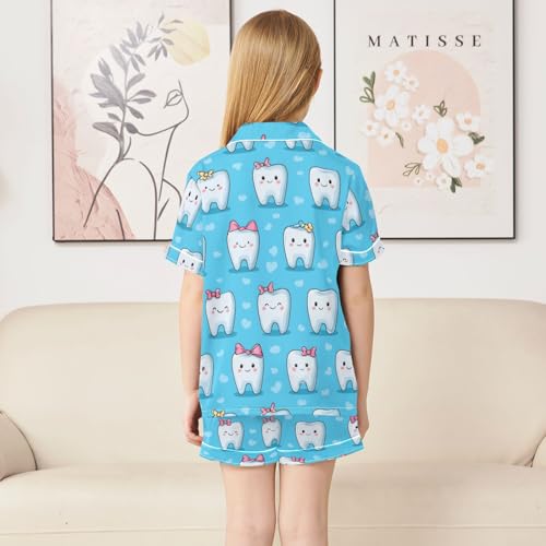 Satin Pajama Sets Short Sleeve Cute Teeth with Bows Button Down Silky Nightwear 2 Piece PJS 5-14Y4