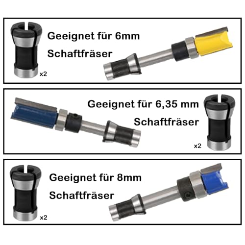 GIONAR 6 Stück Vielseitiges Spannzangen Adapter Set, Oberfräse Spannzangen Adapter, Stahl-Fräs-Spannzange, Fräser spannzange, Spannzange Geradschleifer Ersatzspannzange(6mm, 6.35mm, 8mm)