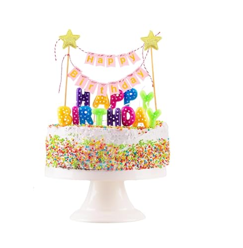 Image of Happy Birthday Cake Topper Birthday Decorations Items Pink with Golden Alphabet Cardstock Banner With Ribbon For Kids(Pack of 1, Pink)