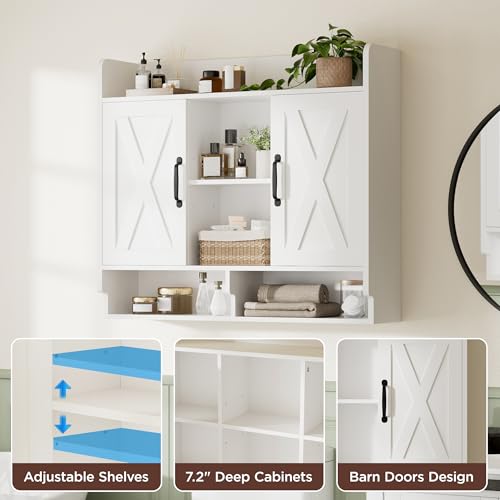 Image of FiveWillowise White Bathroom Wall Cabinet, Wall Mount Storage Cabinet, Floating Medicine Cabinet with 5 Open Shelves and 2 Deep Cabinets Over The Toilet for Laundry Room, Kitchen
