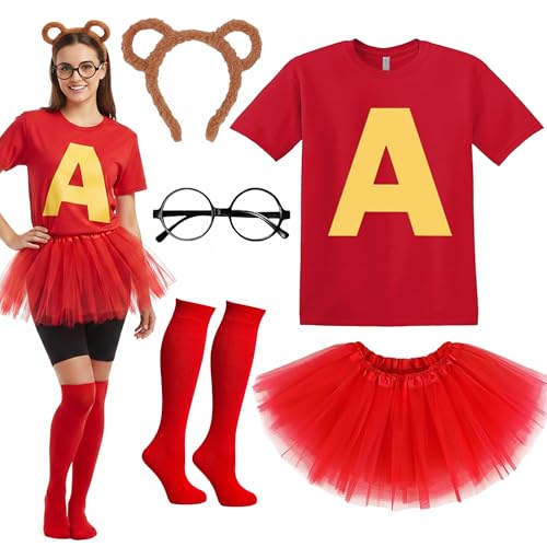 Fictoria Chipmunks Costume Fancy Dress - Red T Shirt Tutu Skirt Knee High Socks Round Glasses and Ear Headband 5Pcs Animal Cosplay Accessories for Adults Teens Halloween World Book Day (M)
