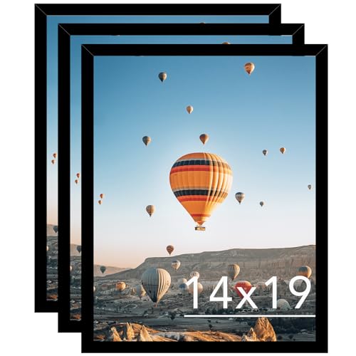 14x19 Black Picture Frame Set of 3, Horizontal and Vertical Formats for Wall Hanging, 14 x 19 Wall Gallery Poster Photo Frames with Durable Shatter Resistant Plexiglass, 3 Pack, Black