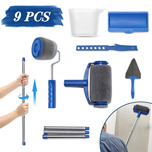 9Pcs Paint Roller Set, LIUMY Paint Runner Kit with 3 Knots Extension Pole,Handle Tool Painting Brush Set for House Wall,School & Office Wall, Ceiling,Quickly Decorate in Just Minutes(Blue)
