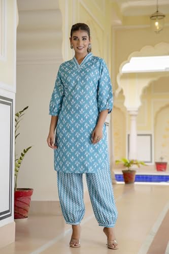 Image of Yashika Women Printed Cotton Blend Straight Kurta and Afghani Pant Set Perfect For Casual and Office Wear