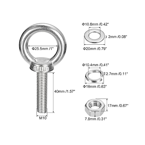 Image of uxcell Lifting Eye Bolt, 1 Set M10x40mm Eye Bolt with Nut Washer 304 Stainless Steel Shoulder Lifting Ring Eye Bolt for Hanging Item