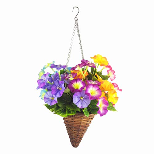 Mynse Full Assembled Set Of Hanging Basket Cone Artificial Morning Glory Flowers For Outdoor Decoration, Multi-Color #TOP29