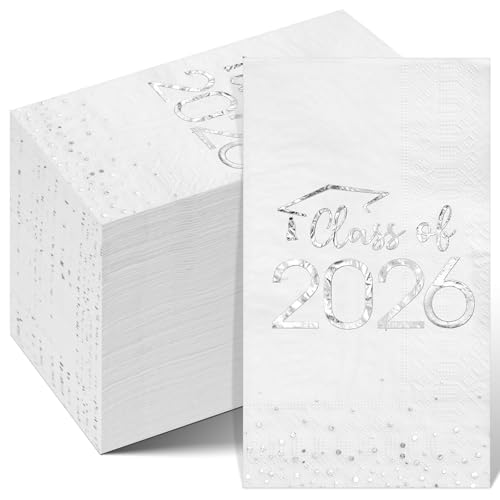 100pcs Class of 2026 Graduation Napkins Disposable Congrats Grad Cocktail Napkins Foil Dot Paper Hand Towels for 2026 High School University College Graduation Party Decorations and Supplies (Silver)