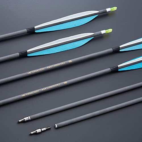 Toparchery Carbon Feather Arrows 30 Inch 350Spine With 6Inch Real Feather Fletching Carbon Fiber Archery Hunting Arrows For Recurve & Compound Bow,Traditional Bows（6Pcs） #TOP4