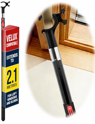Telescopic Window Pole Rod for Roof and Blinds - Compatible with Velux Top Bar Windows and Blind Handle Bars 1.2-2.1 Meter Adjustable Skylight Opener Rod with Non-Slip Hook and Secure Button Lock