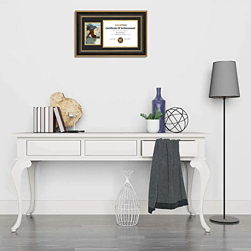 Space Art Deco, 11X19.5 Diploma Frame With Black Over Gold Double Mat For 8.5X11 Documents And One 5X7 Picture, Shatter-Resistant Glass Sawtooth Hangers Wall Mount Display (Ornate Gold Black) #TOP6