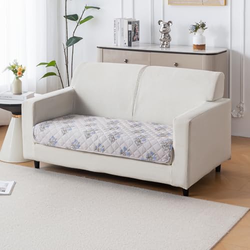 Image of House of Quirk 'Mughal Series' Printed Quilted Sofa Cover for 1 /2 /3 /4 Seater - Anti-Slip, Washable Couch Protector Slipcover (Two Seater, Beige Wildflower, 80x120 cm)