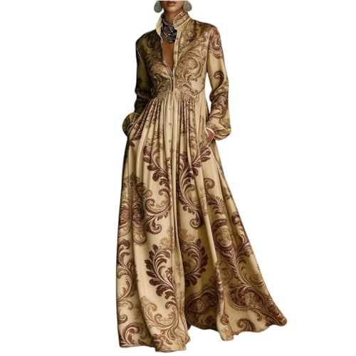 FlekmanArt - Khaki Long Sleeve Summer Dress for Women - V Neck Button Down Mother of Bride Wedding Formal Cocktail Attire - Best Deal on Amazon