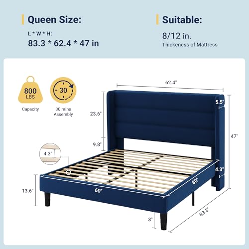 Image of Allewie Queen Size Platform Bed Frame with Velvet Upholstered Wingback Headboard, No Box Spring Needed, Under Bed Storage Space, Wooden Slats, Modern Mattress Foundation, Easy Assembly, Blue