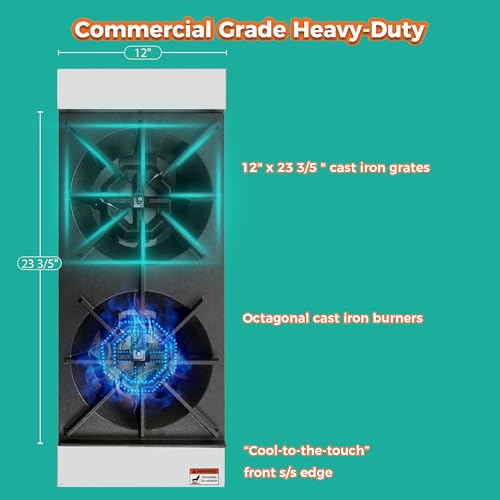 Image of 12-Inch 2-Burner 50000 Total BTU Hot Plate, Commercial Gas Stove - Heavy Duty Propane & Natural Gas - Countertop Cooking Burner Stainless Steel Construction