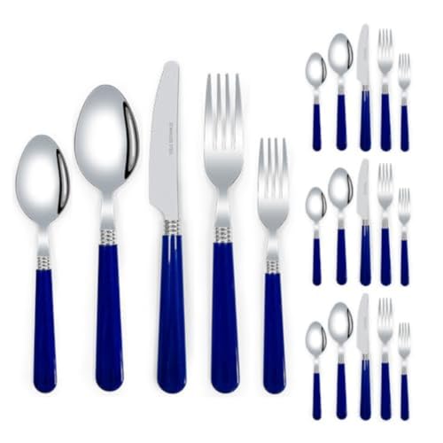 Thickened Plastic Handle Kitchen Stainless Steel Silverware Tableware Flatware Cutlery Set Steak Knife Fork Spoon Tea Spoon (Blue,20 Pieces)