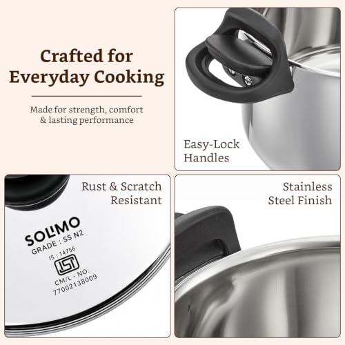 Image of Amazon Brand - Solimo SS Strainer Pot /Rice Pot 3.5L with Lock Handles | Induction Bottom Stainless Steel Cookware| Even Heat Distribution | Gas & Induction Compatible | Dishwasher Safe | BIS Certified
