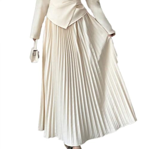 Slimming Pleated Skirt A-Line Design for Petite Women Elegant Maxi Dress Chic High-End Style Beige Color