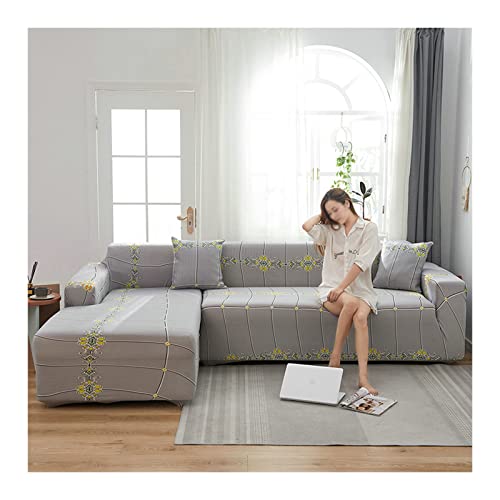 Funda de sofá en forma de L gris claro ajustable de poliéster retro con rayas de espuma 2