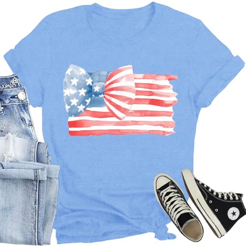 Women American Flag Patriotic T-Shirts Cute USA Bow Flag Shirts Happy 4th of July Tee Tops