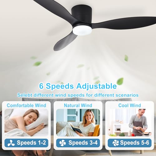 Image of Depuley Flush Mount Ceiling Fan: 52-Inch Black Ceiling Fans with Lights for Bedroom Indoor Outdoor - Low Profile Ceiling Fans with Remote Control 24W 3CCT Dimmable 3 Reversible Black Blades 6 Speeds