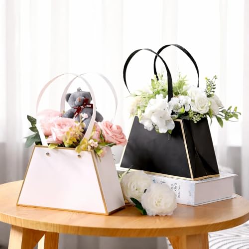 Image of Oasis Pack of 10 Flower Bouquet Gift Bags with Handles | Valentine's Day Gifting Bags for Her & Him | Goodie Bags for Wedding Return Gifts, Birthday, Bridal & Baby Shower | 13x13x10 cm | Gold & White