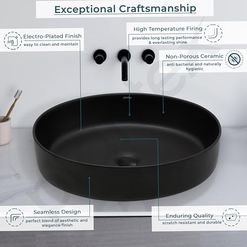 Image of Plantex Ceramic Washbasin for Bathroom /Countertop Bathroom Basin /Oval Tabletop Wash Basin for Office /Restaurant (Charcoal Black - 21.5 x 16 x 5 Inch)