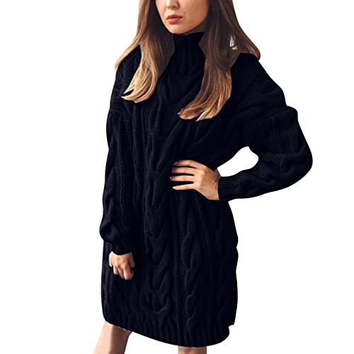 Generisch Strickkleid Damen Winter Oversize Midikleid Damen Elegant Langarm Pulloverkleid Halbhoher Kragen Große Größe Pullikleid Dick Warm...