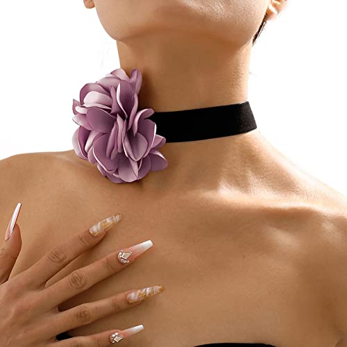 Wendalern Tour De Cou Boho En Velours Noir - Collier Fleur Rose Mauve En Satin - Fleur Exagérée Pour Cosplay - Bijoux Cadeaux Pour Femmes Et Filles