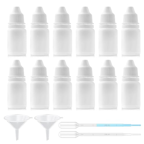 Burry Life Science 12PCS 10ML White Plastic Empty Squeezable Dropper Bottles Portable Eye Liquid Dropper Small Plastic Refillable Containers with Screw Cap and Plug (White, 10ML)