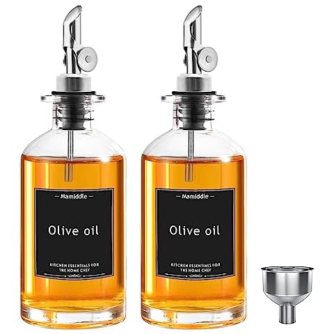Mamiddle Glass Olive Oil and Vinegar Dispenser Set, 2PCS Oil Bottles with Stainless Steel Pouring Spout, Funnel & Labels, Anti-Overflow (Silver, 11.83oz/350ml) Cover