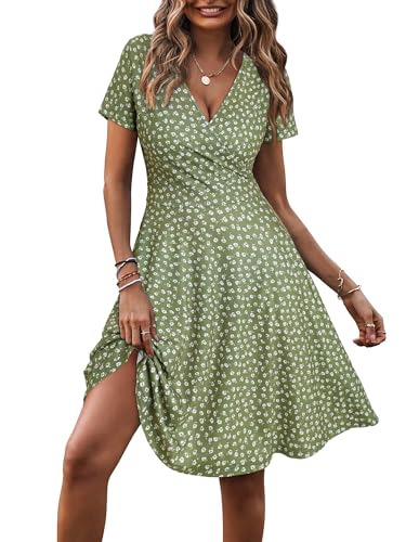 Image of MSBASIC Womens Summer Wrap V Neck Casual Dresses Floral Short Sleeve A-Line Midi Sundress