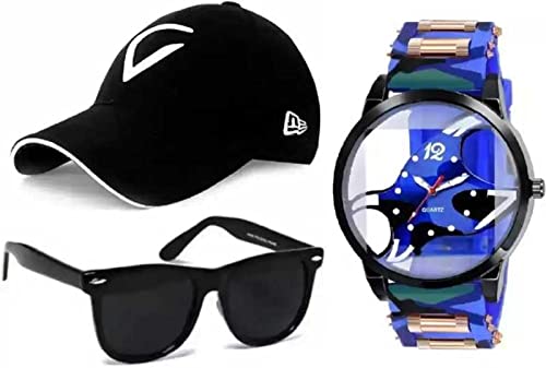 PUTHAK Combo Pack of 3 Stylish Dial Watch, Stylish Sport Baseball Cap & Stylish Aviator Wayfarer Sunglass for Mens and Boys (Pack of 3) PTHK-1694 (B09JCQ5KBP) Amazon Price History, Amazon Price Tracker