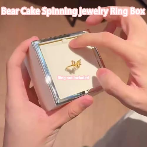 Image of Little Bear Cake Rotating JewelryBox for Proposal - Rotating Ring Box Engagement Ring Box, Surprise Box Ring Bearer Box, necklace box for Birthday,Necklace Holder with Fabric Interior (white)