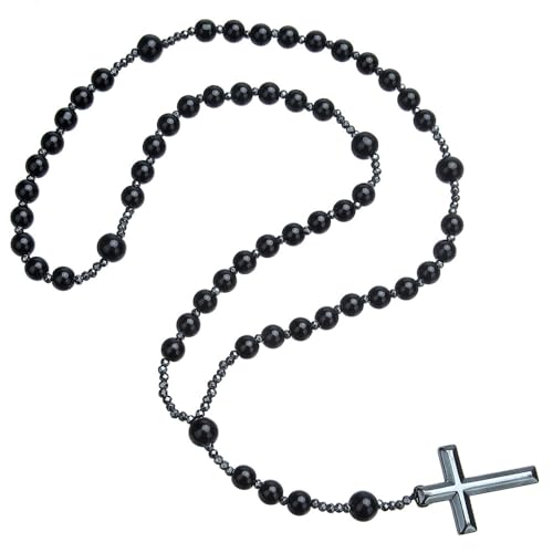 COLORFUL BLING Natural Stone Tiger Eye Black Stone Rosary Cross Pendant Christ Catholic Prayer Necklace for Men Religious Jewelry-black1