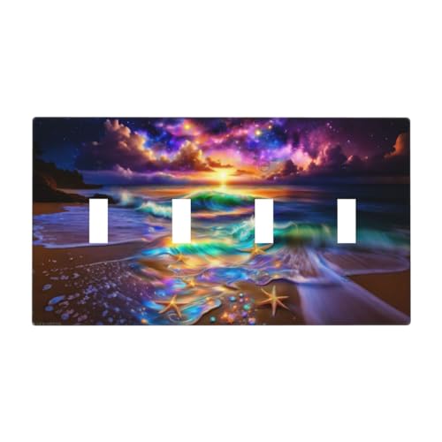 Decorative Switch Covers Plate Colorful Sunset Starfish Beach Shells 4 Gang Wall Plate Oversized Quad Toggle Light Switch Plate Jumbo Faceplate for Bathroom Bedroom Decor