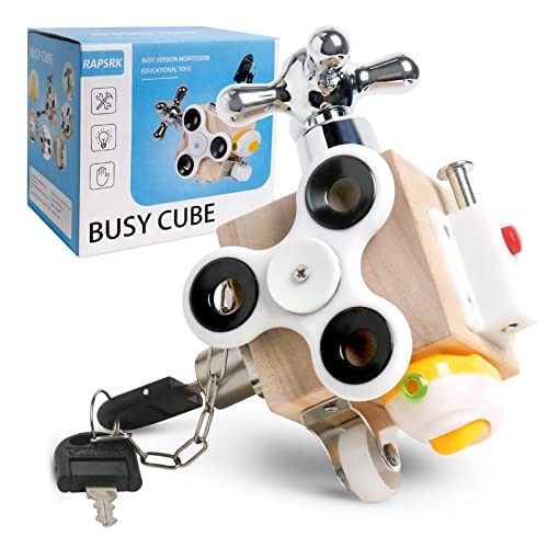 Rapsrk Busy Board Fidget Cube Toy, Busy Cube Travel Toys for Kids Baby, Wooden ActivityÂ Cube Educational Montessori Toys Learning Basic Life Skills SensoryÂ Busy Board for Toddlers 1 2 3 4 Year Old